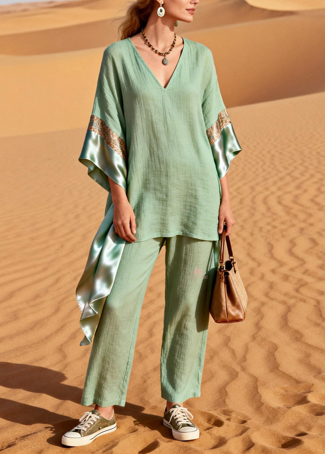 Casual Green V Neck Patchwork Linen Silk Two Pieces Set Summer