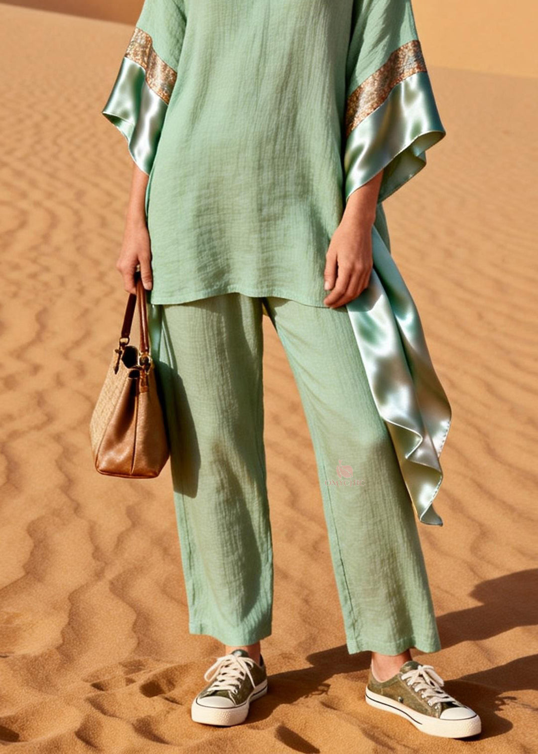 Casual Green V Neck Patchwork Linen Silk Two Pieces Set Summer