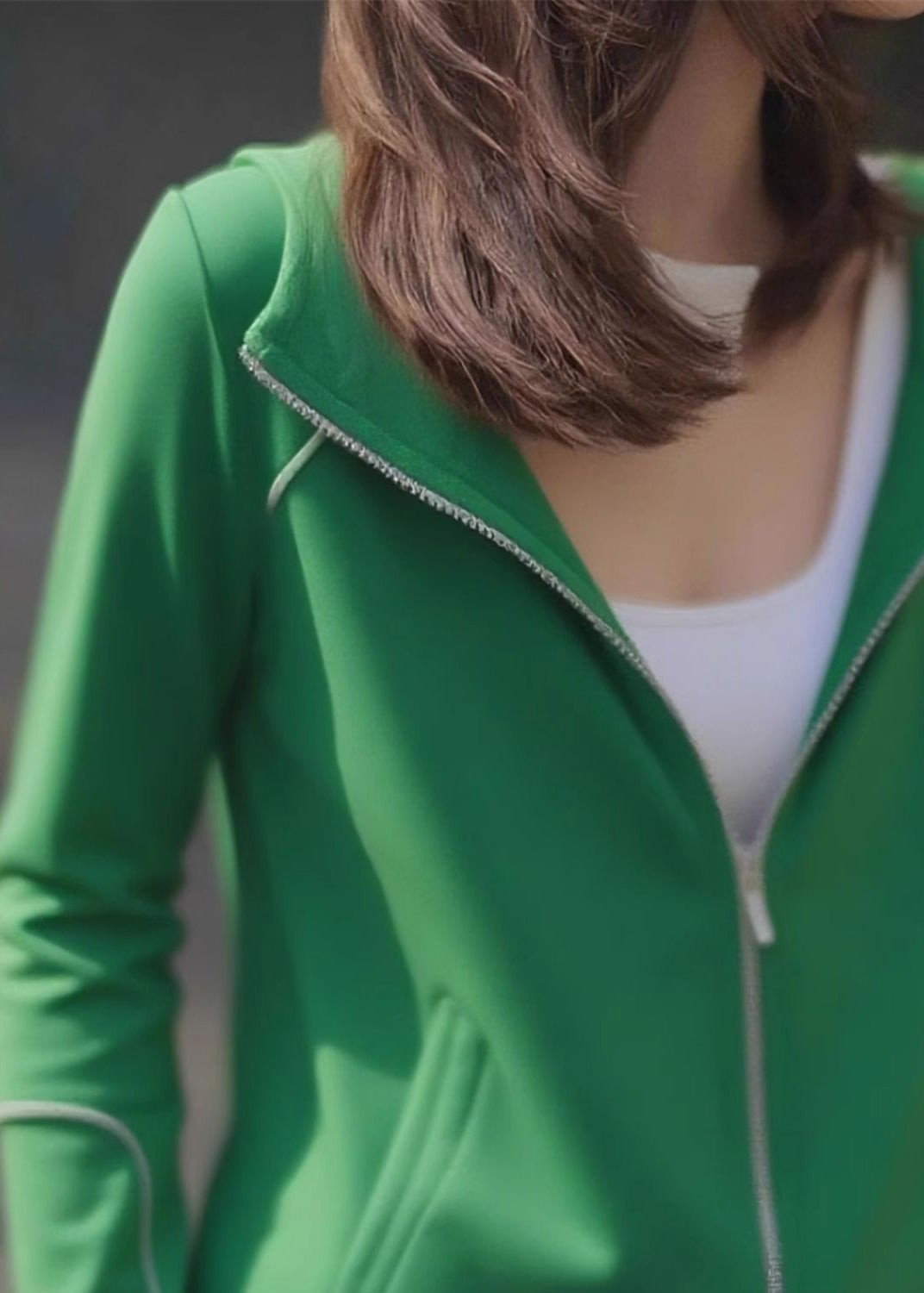 Casual Green Zip Up Pockets Cotton Hoodie Coat Fall