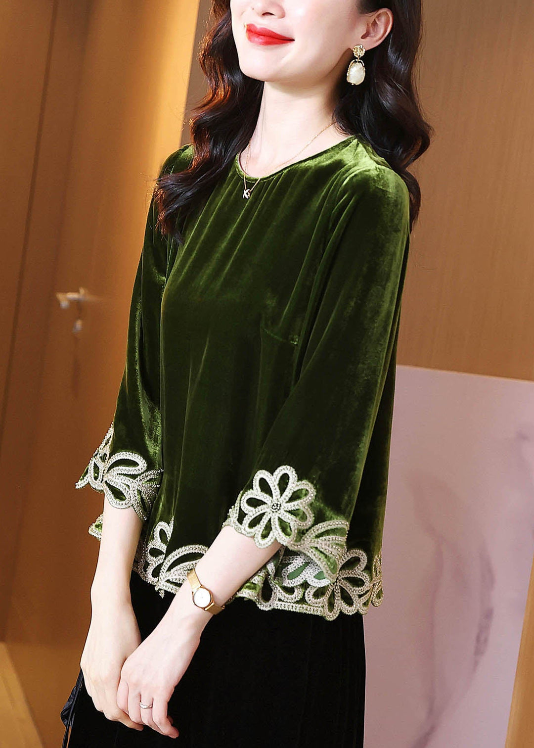Casual Green Zircon Floral Silk Velour Top Bracelet Sleeve