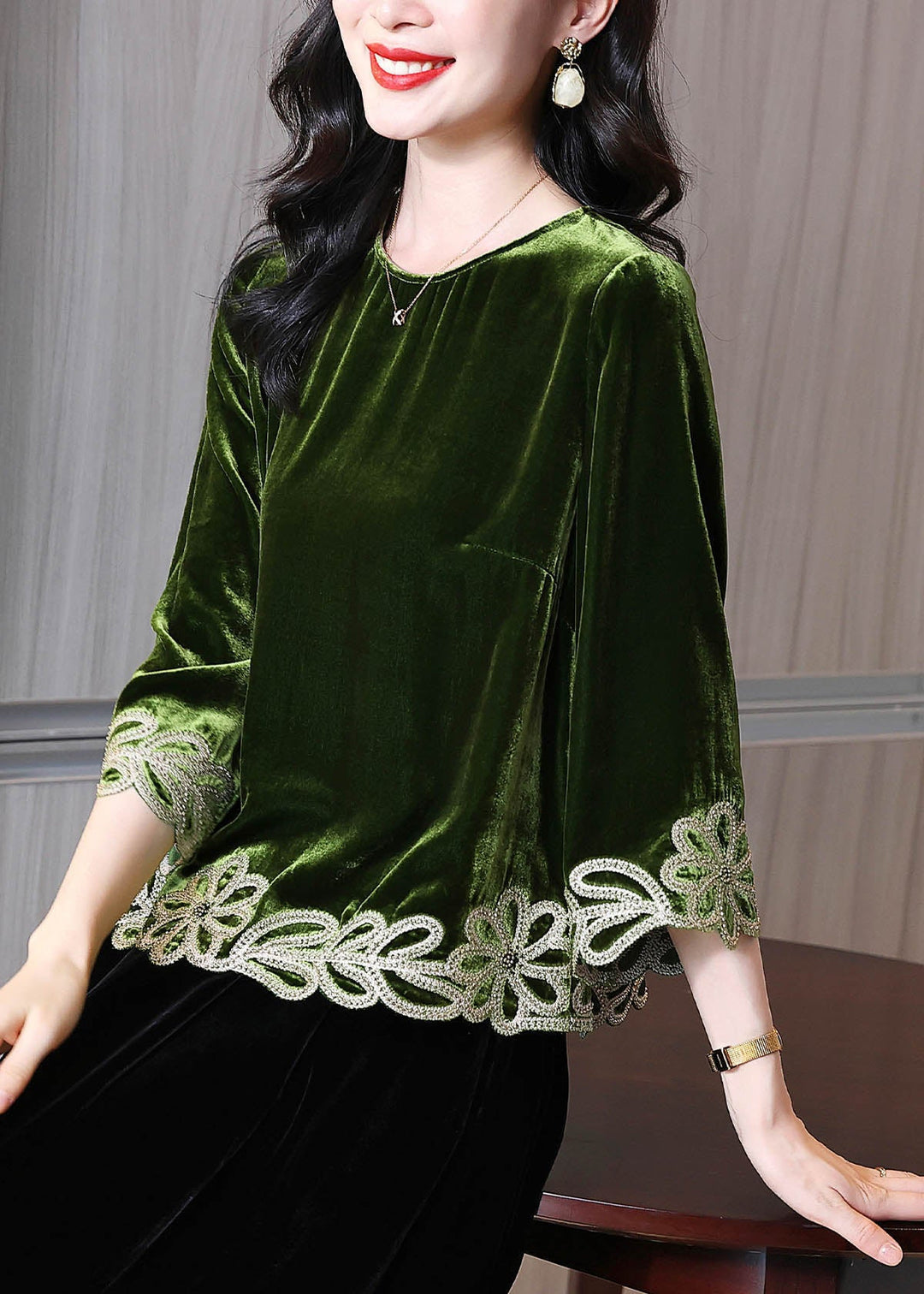 Casual Green Zircon Floral Silk Velour Top Bracelet Sleeve
