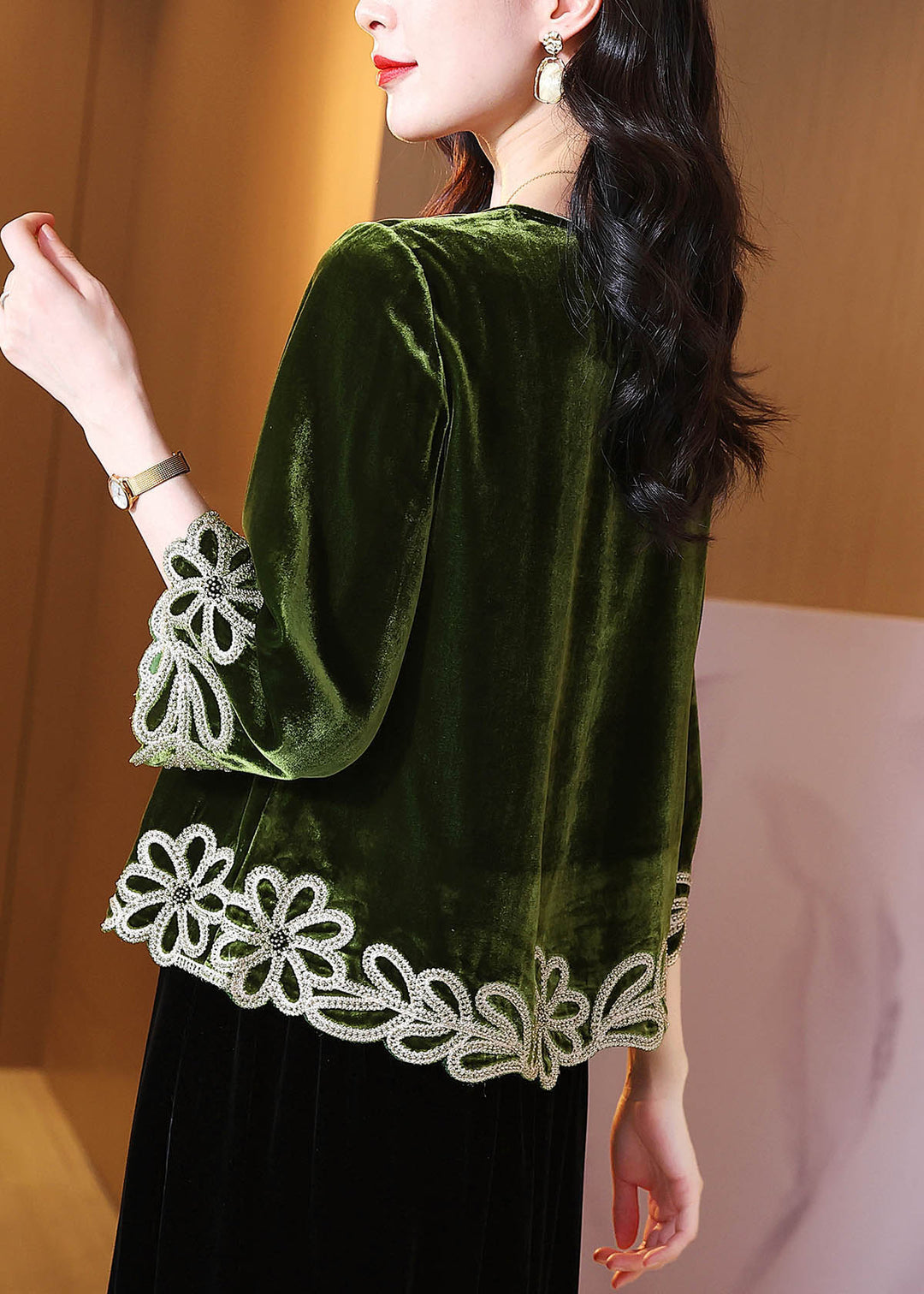 Casual Green Zircon Floral Silk Velour Top Bracelet Sleeve