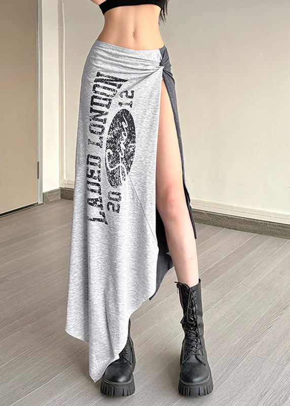 Casual Grey Asymmetrical Graphic Wrinkled Tassel Maxi Skirts Summer