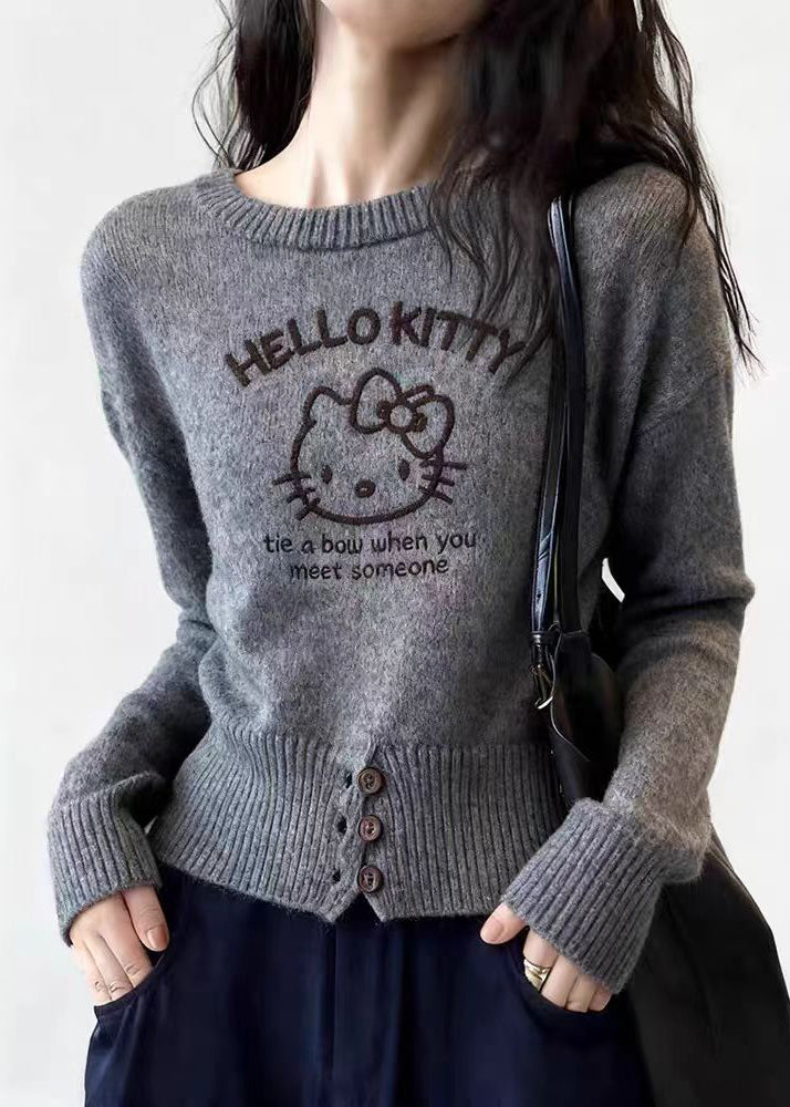 Casual Grey Cartoon Print Cotton Knit Sweater Spring