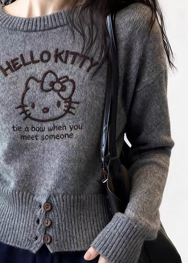 Casual Grey Cartoon Print Cotton Knit Sweater Spring