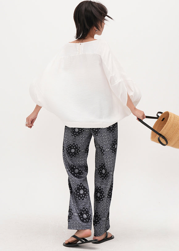Casual Grey Elastic Waist Print Cotton Straight Pants Summer