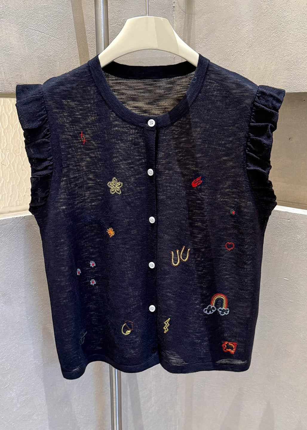 Casual Grey Embroideried Button Down Cotton Vests Sleeveless