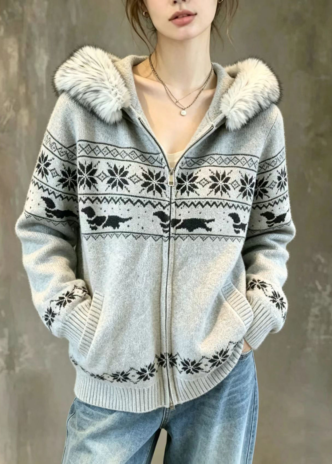 Casual Grey Fair Isle Faux Fur Trim Hooded Double Zip Knit Cardigan Fall