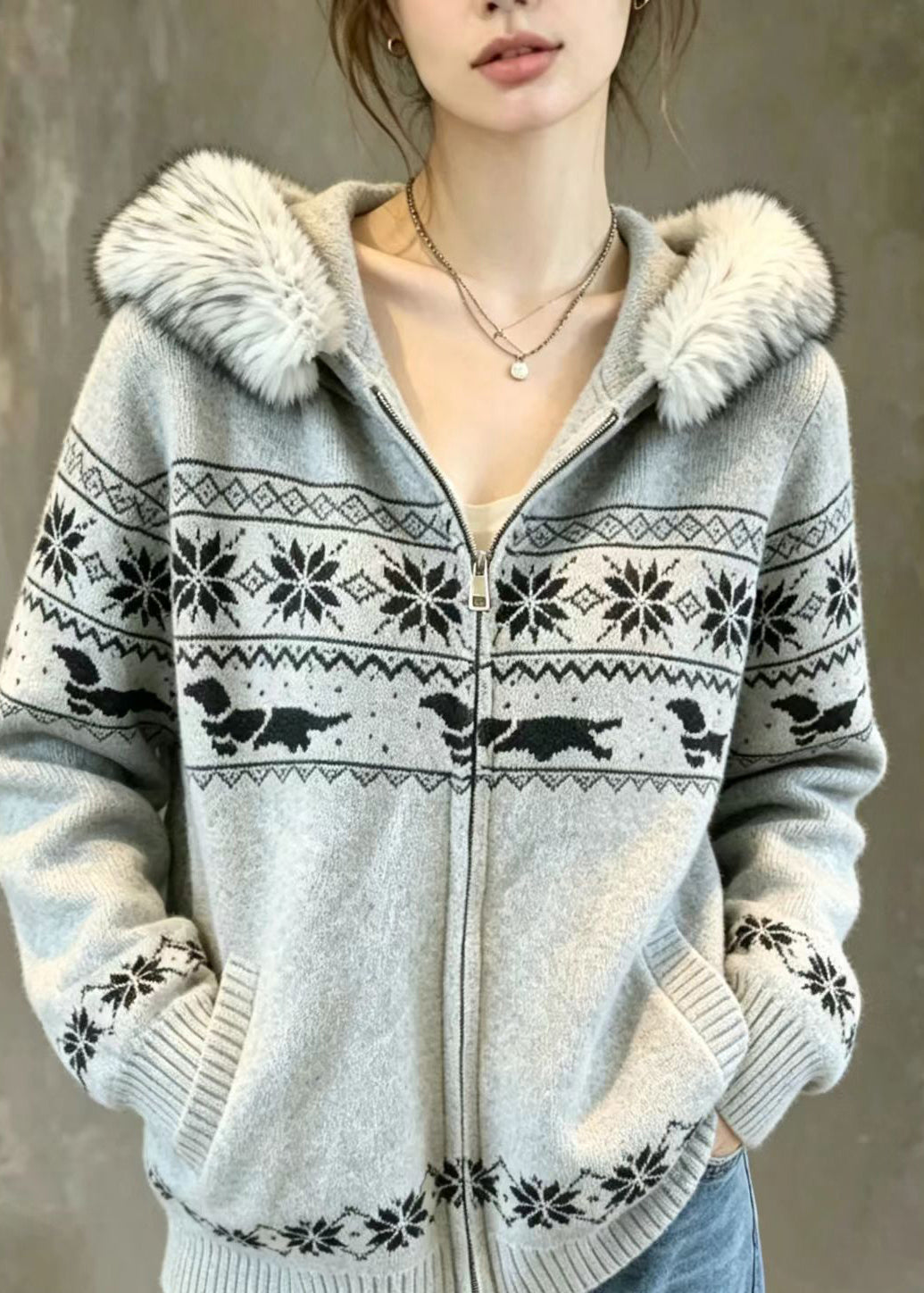 Casual Grey Fair Isle Faux Fur Trim Hooded Double Zip Knit Cardigan Fall