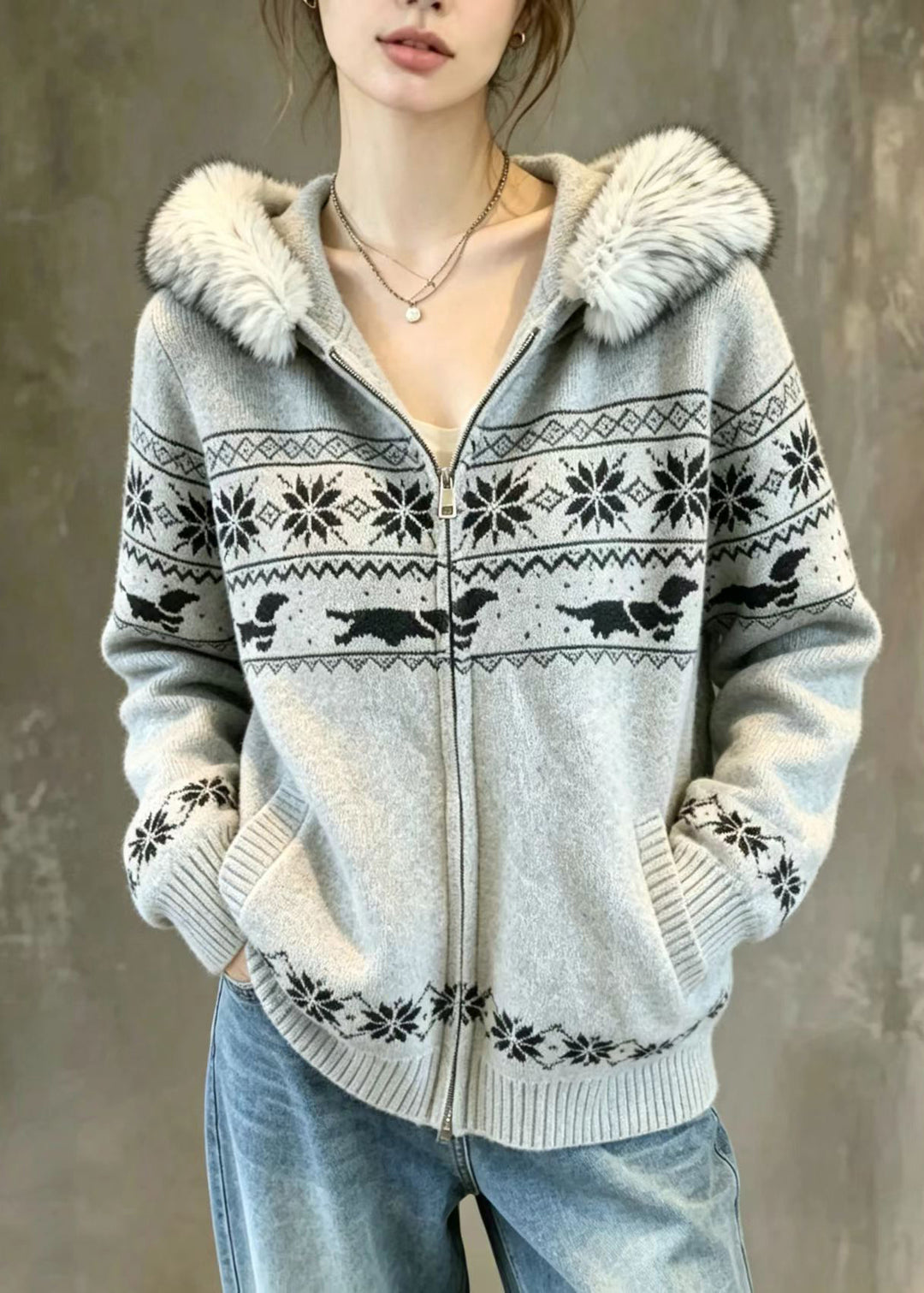Casual Grey Fair Isle Faux Fur Trim Hooded Double Zip Knit Cardigan Fall