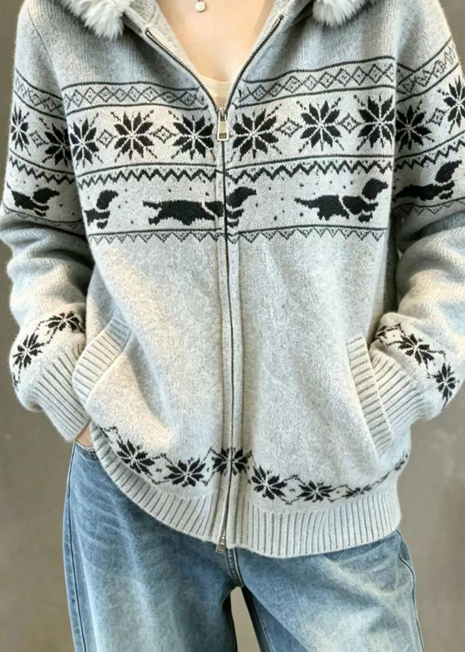 Casual Grey Fair Isle Faux Fur Trim Hooded Double Zip Knit Cardigan Fall