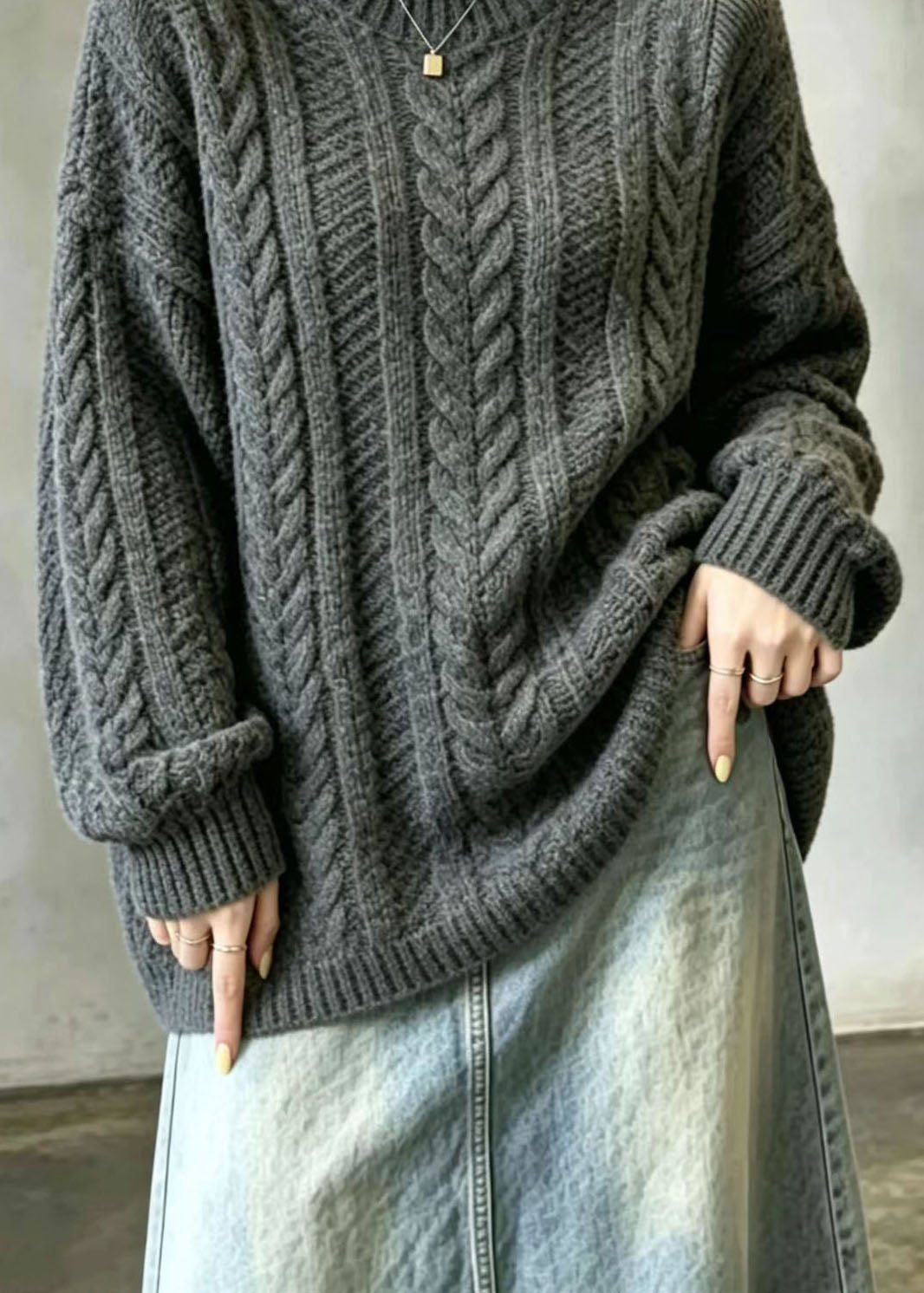 Casual Grey Hign Neck Oversized Cable Knit Pullover Long Sleeve