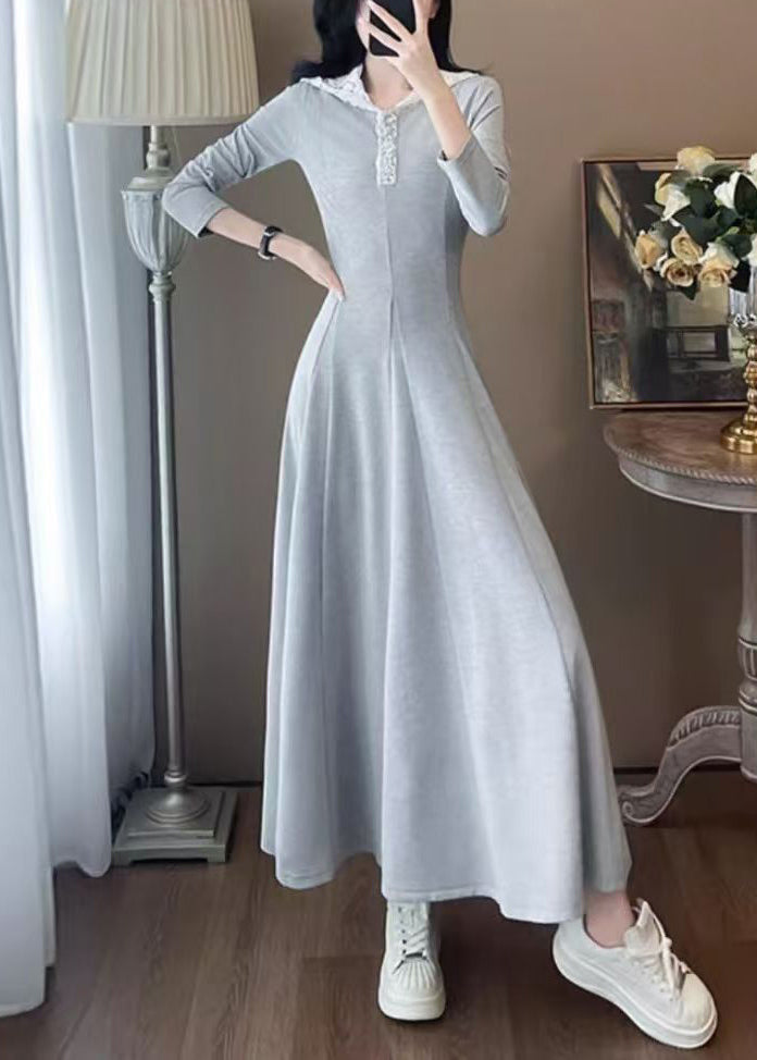 Casual Grey Hooded Patchwork Cotton Long Dress Spring