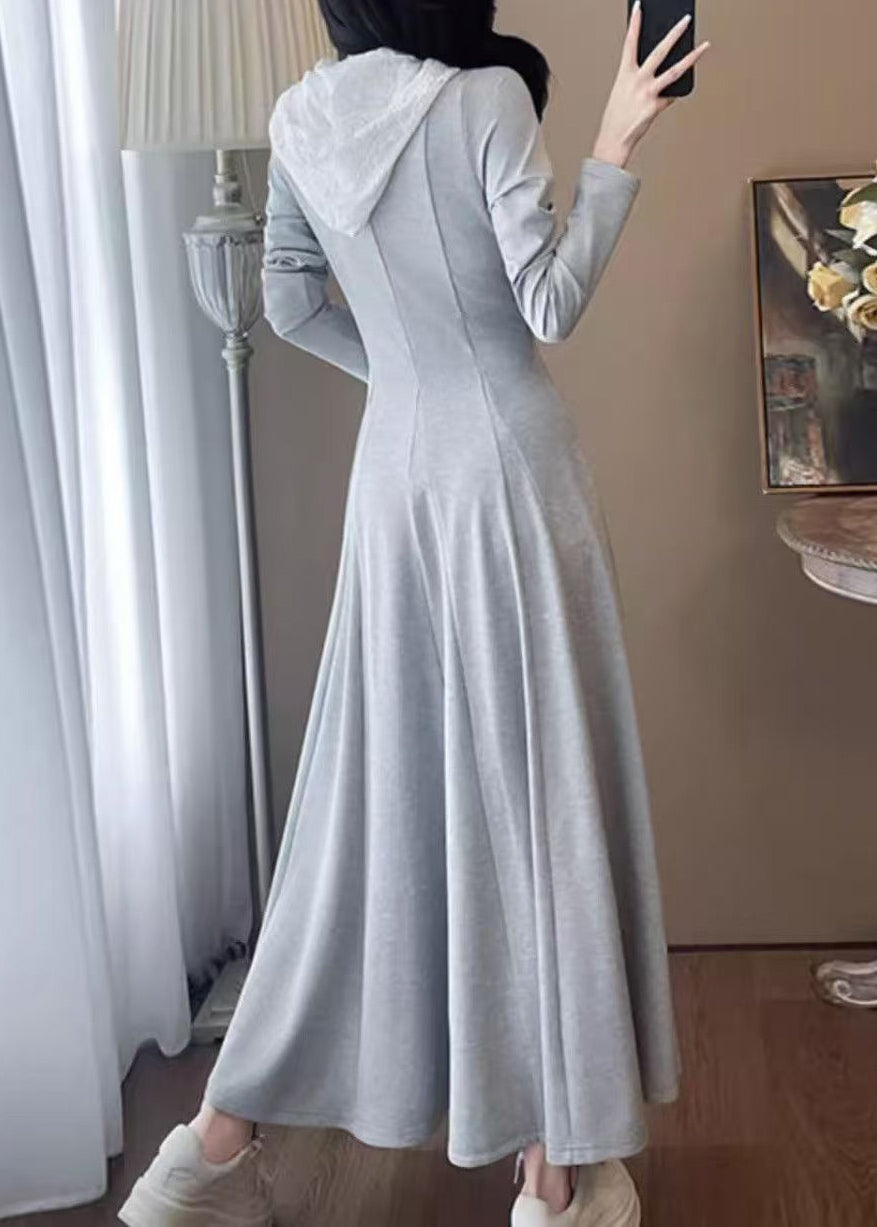Casual Grey Hooded Patchwork Cotton Long Dress Spring