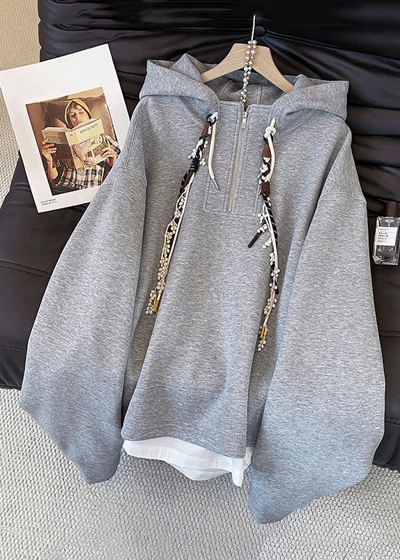 Casual Grey Hooded Zippered False Two Pieces Cotton Sweatshirts Top Fall