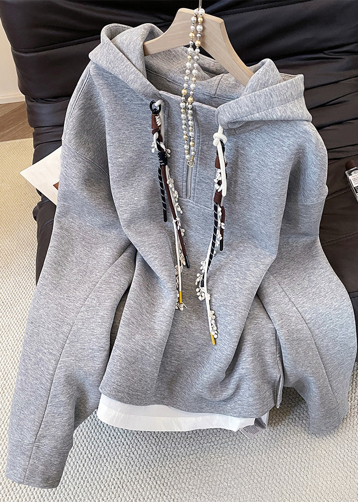 Casual Grey Hooded Zippered False Two Pieces Cotton Sweatshirts Top Fall