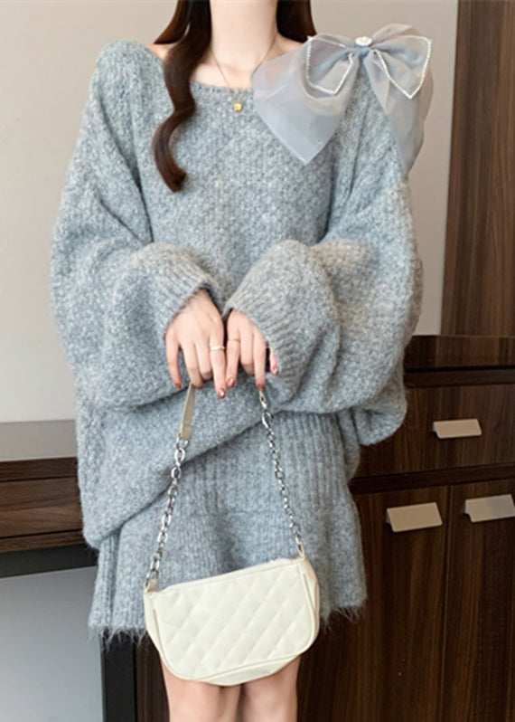 Casual Grey O-Neck Cotton Knit Sweaters And Skirts Two Piece Set Winter