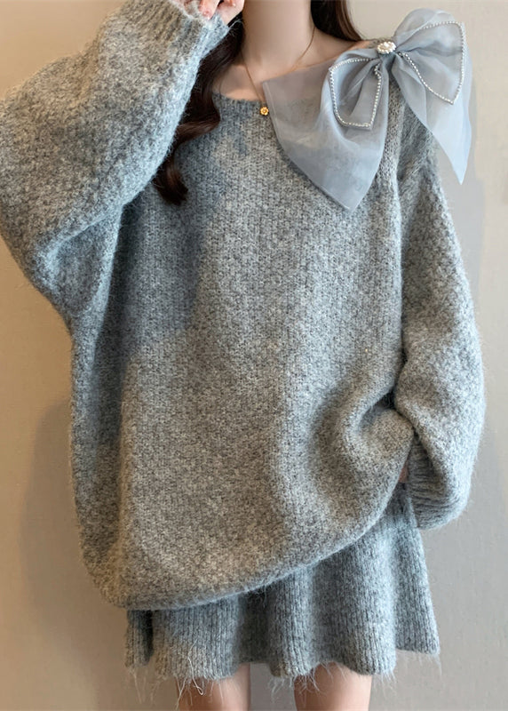 Casual Grey O-Neck Cotton Knit Sweaters And Skirts Two Piece Set Winter
