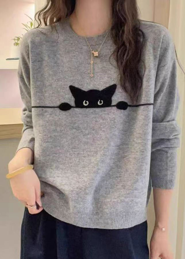 Casual Grey O-Neck Embroidered Cotton Knit Sweater Spring