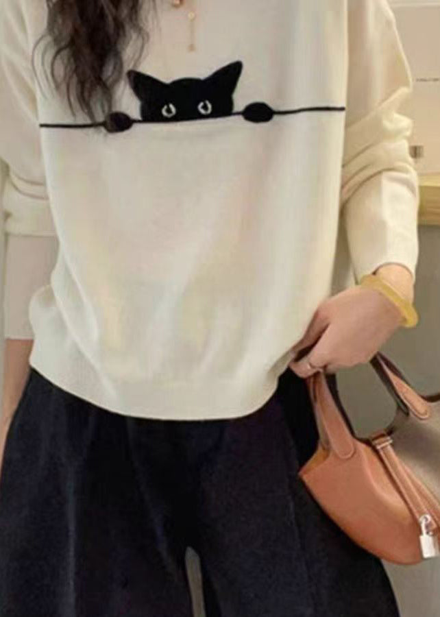 Casual Grey O-Neck Embroidered Cotton Knit Sweater Spring