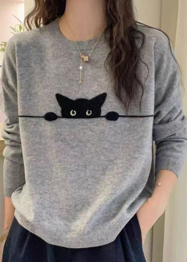 Casual Grey O-Neck Embroidered Cotton Knit Sweater Spring