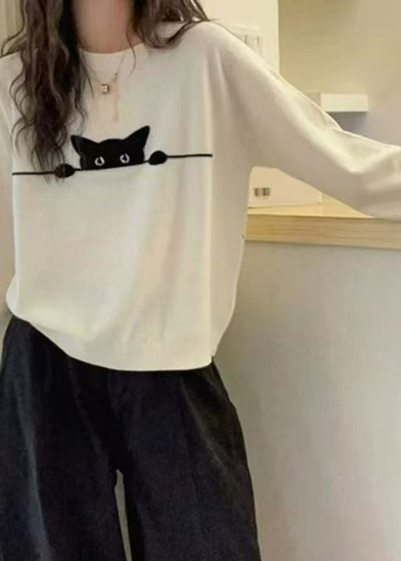 Casual Grey O-Neck Embroidered Cotton Knit Sweater Spring