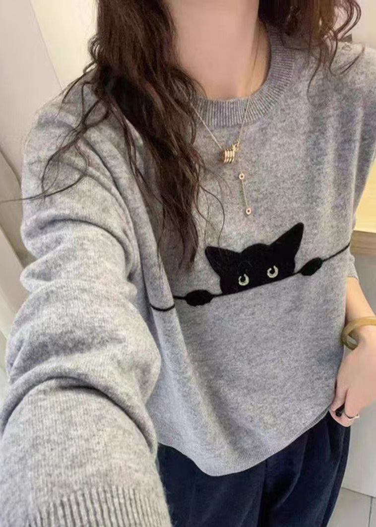 Casual Grey O-Neck Embroidered Cotton Knit Sweater Spring