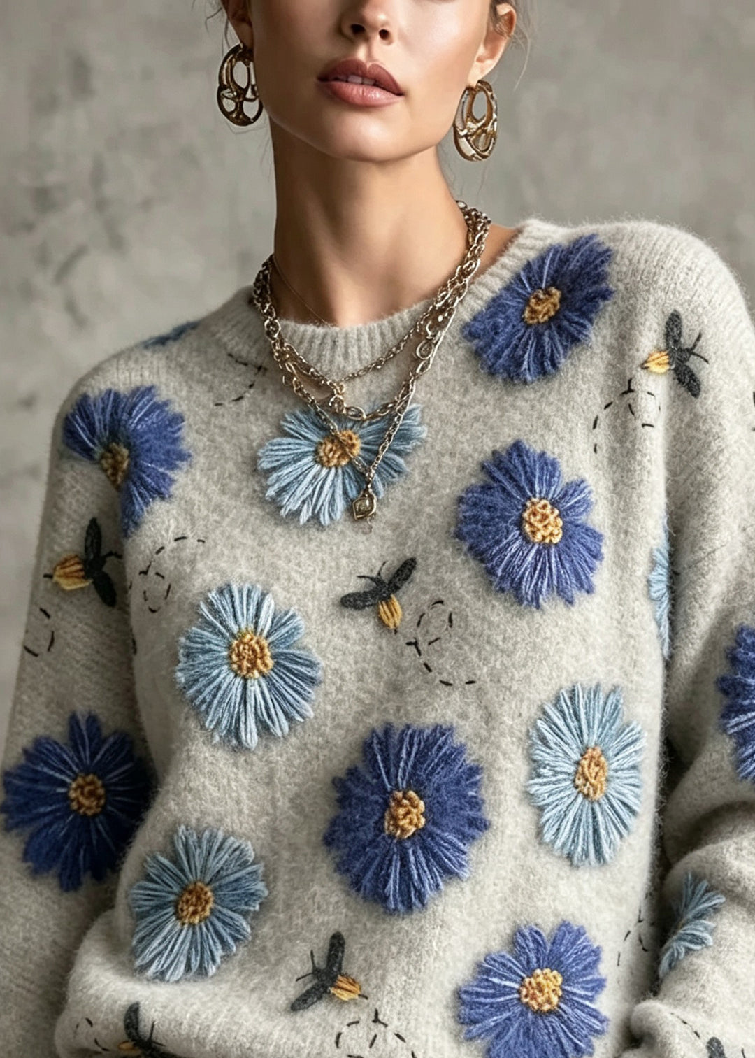 Casual Grey O-Neck Floral Cotton Knit Sweaters Fall