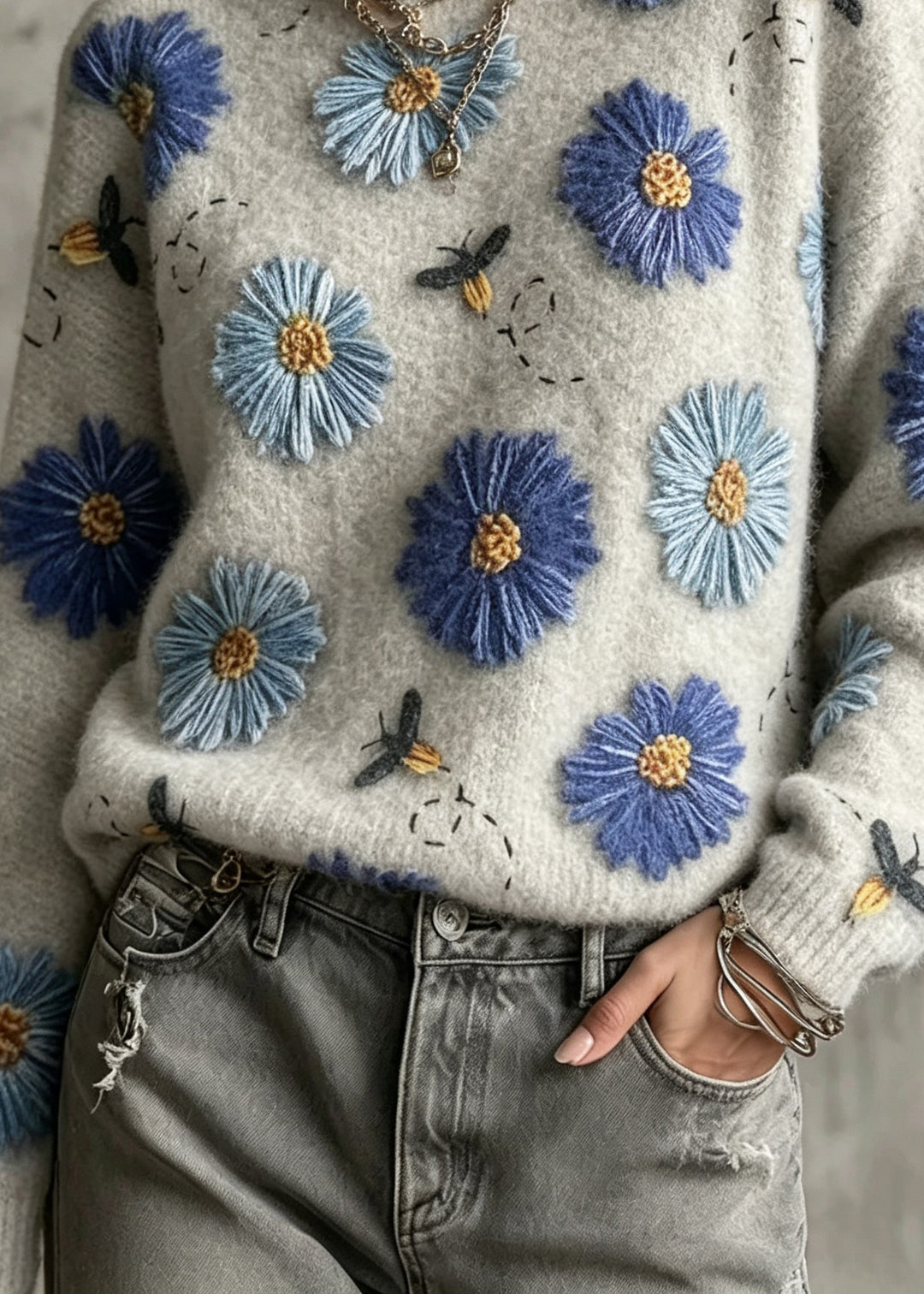 Casual Grey O-Neck Floral Cotton Knit Sweaters Fall