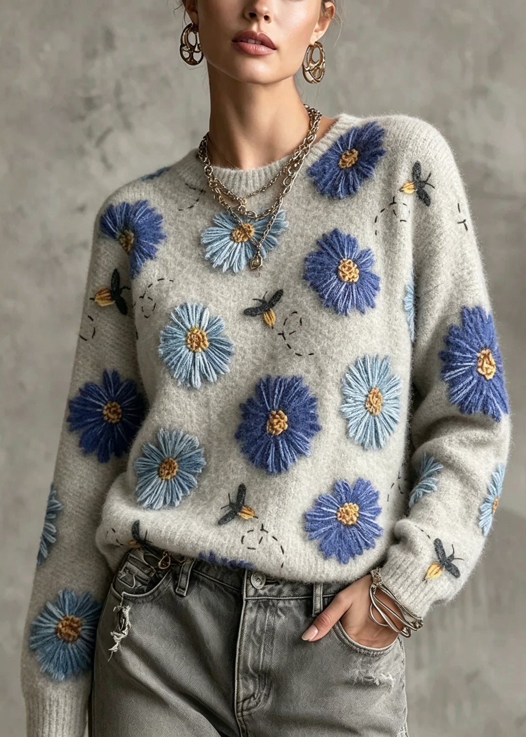 Casual Grey O-Neck Floral Cotton Knit Sweaters Fall