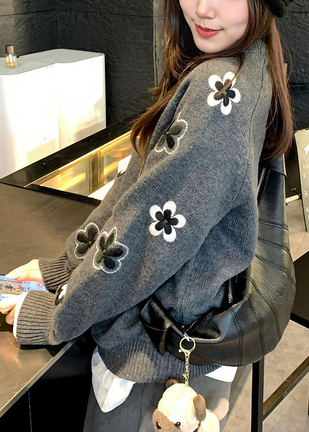 Casual Grey O Neck Floral Knit Sweater Tops Fall