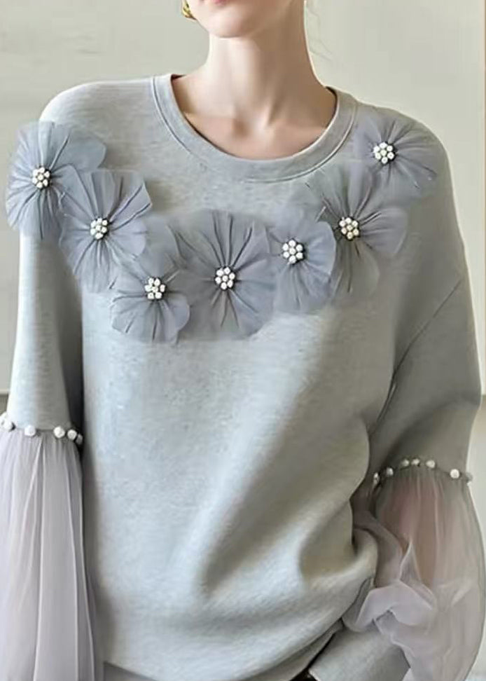 Casual Grey O Neck Floral Nail Bead Patchwork Cotton Top Fall