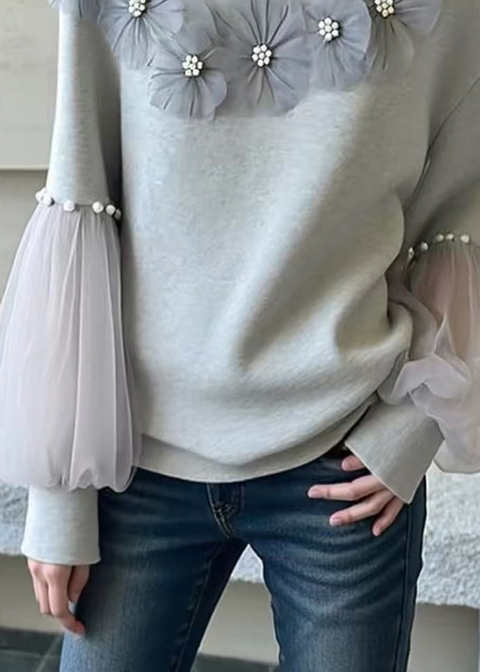 Casual Grey O Neck Floral Nail Bead Patchwork Cotton Top Fall