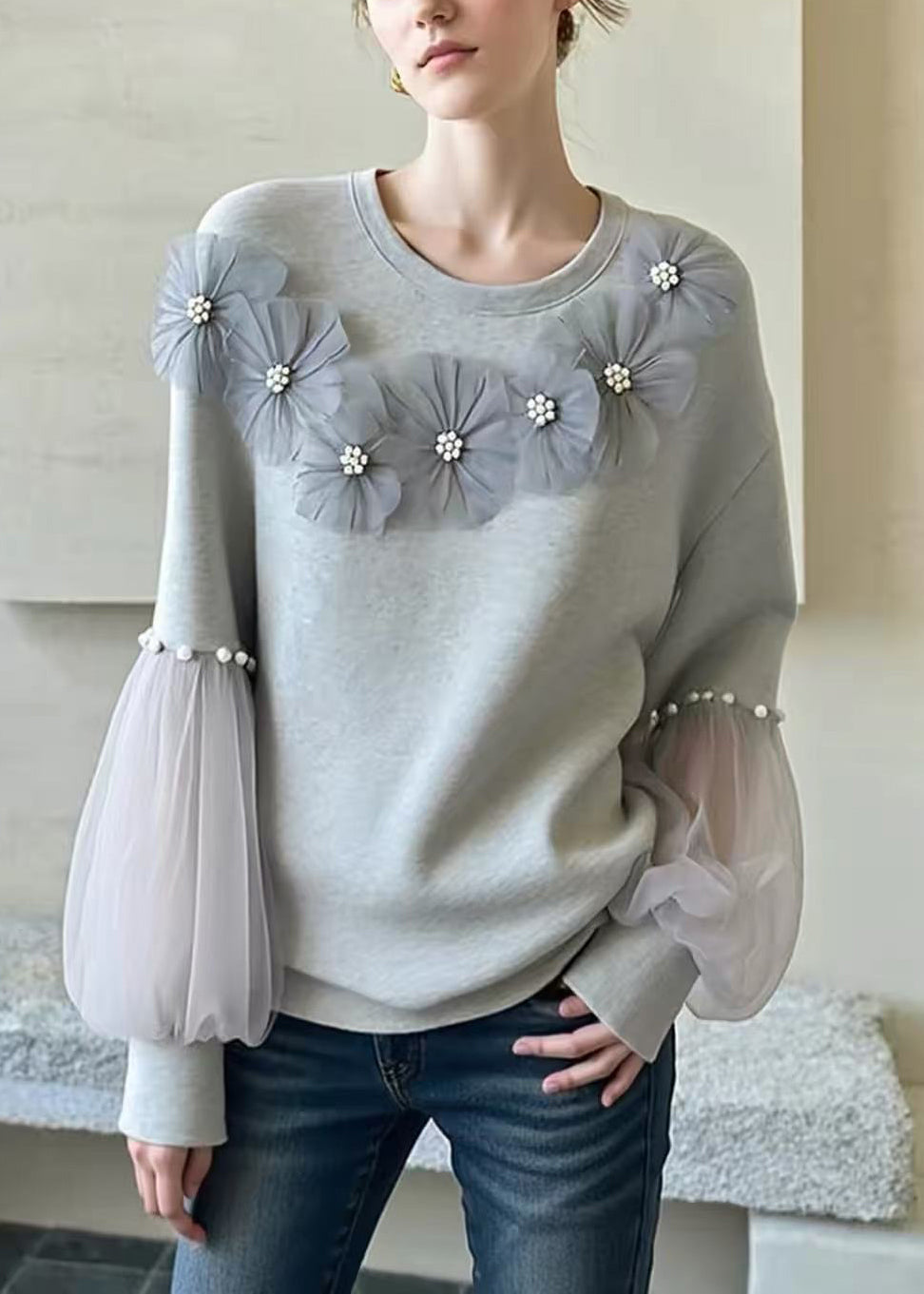 Casual Grey O Neck Floral Nail Bead Patchwork Cotton Top Fall