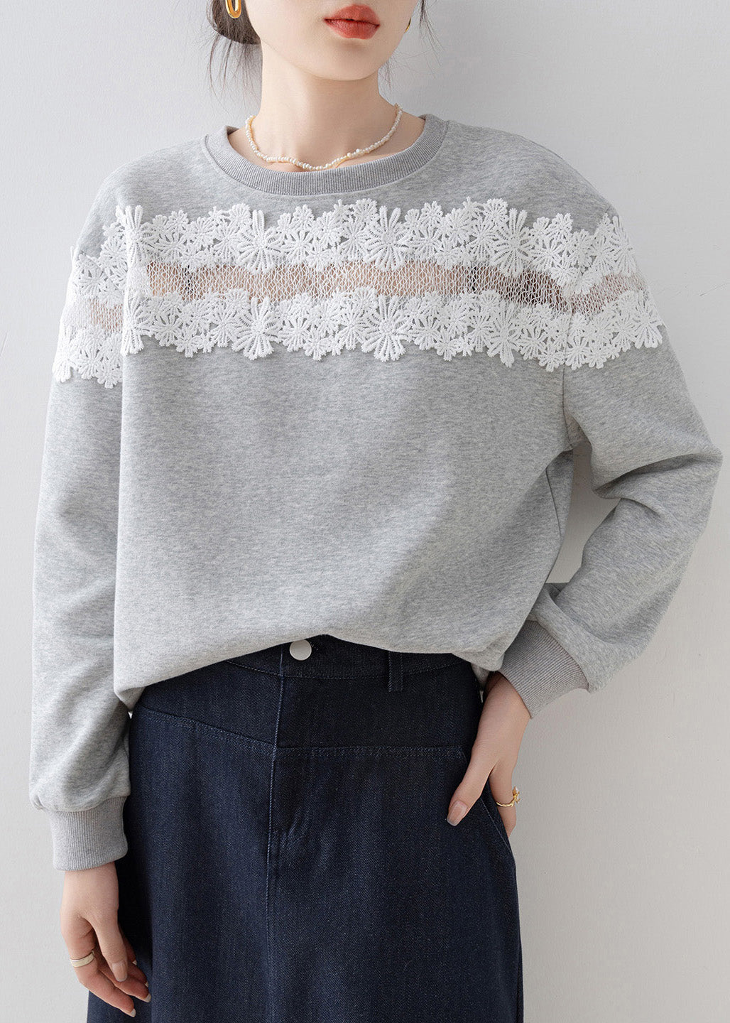 Casual Grey O Neck Lace Patchwork Cotton Sweatshirt Spring
