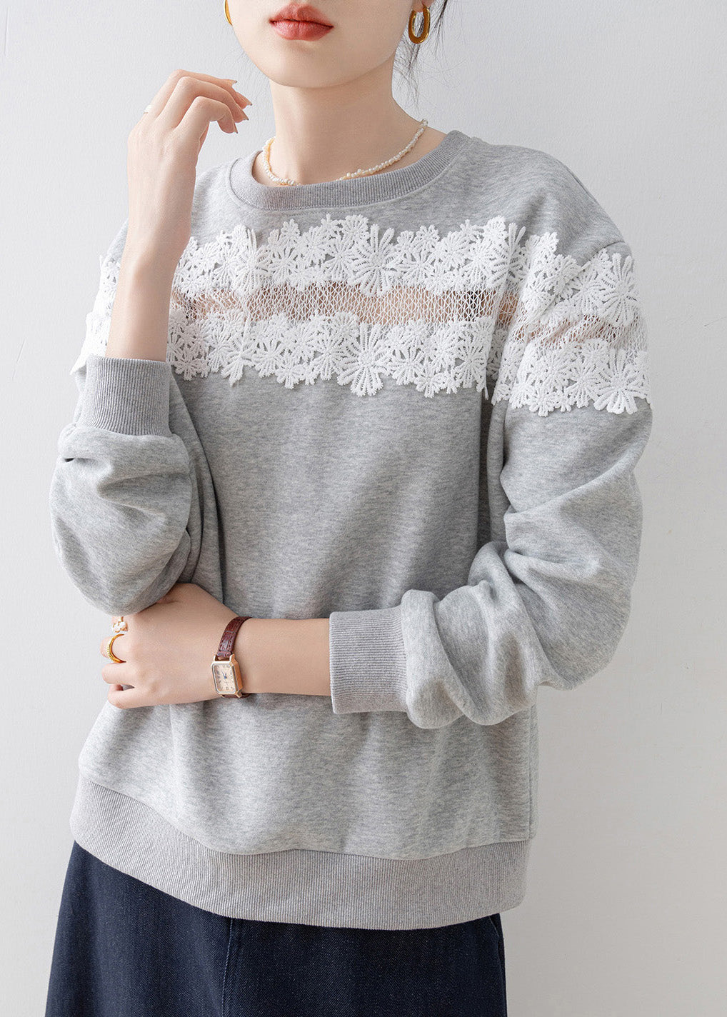 Casual Grey O Neck Lace Patchwork Cotton Sweatshirt Spring