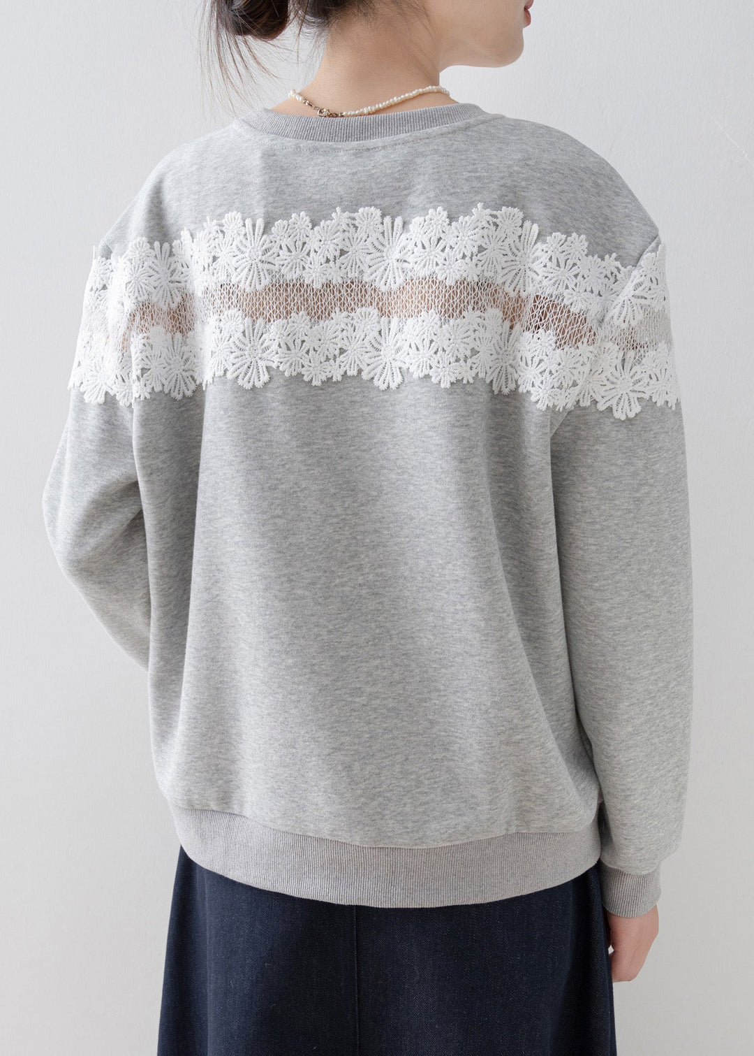 Casual Grey O Neck Lace Patchwork Cotton Sweatshirt Spring