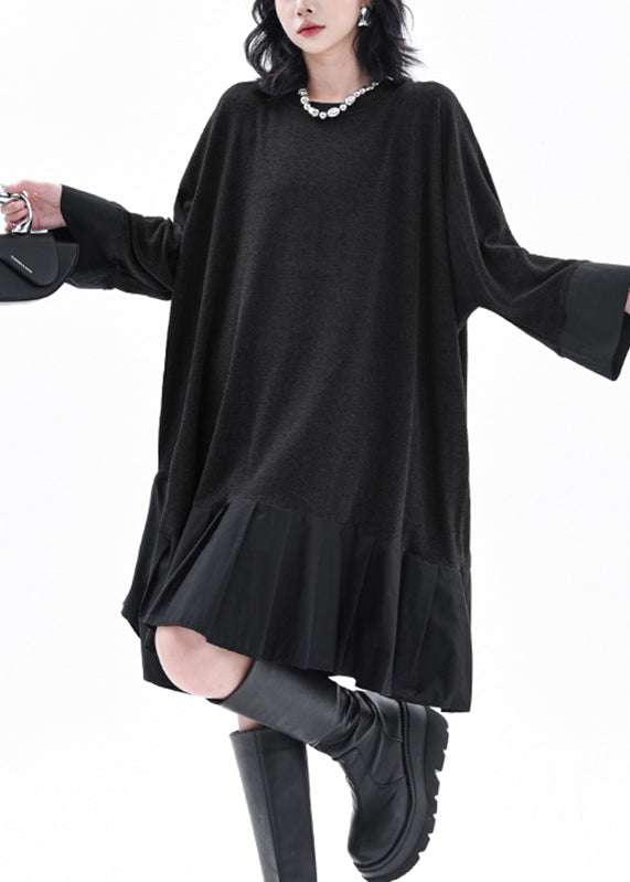 Casual Grey O-Neck Patchwork Long Dress Batwing Sleeve