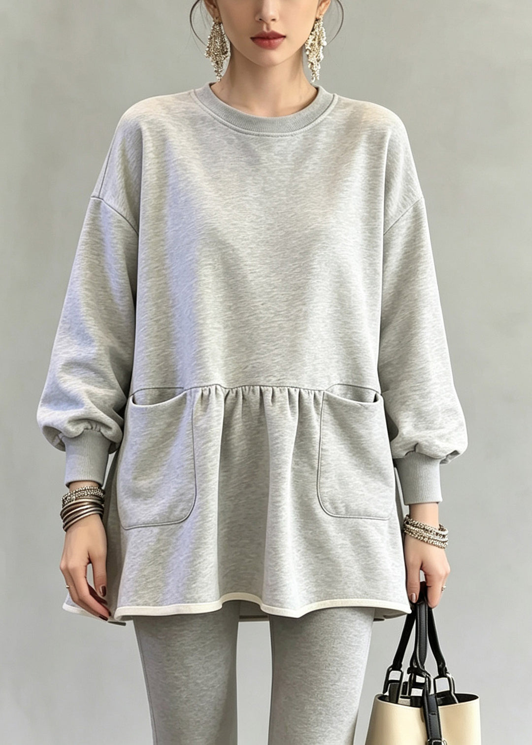 Casual Grey O-Neck Wrinkled Solid Top Fall