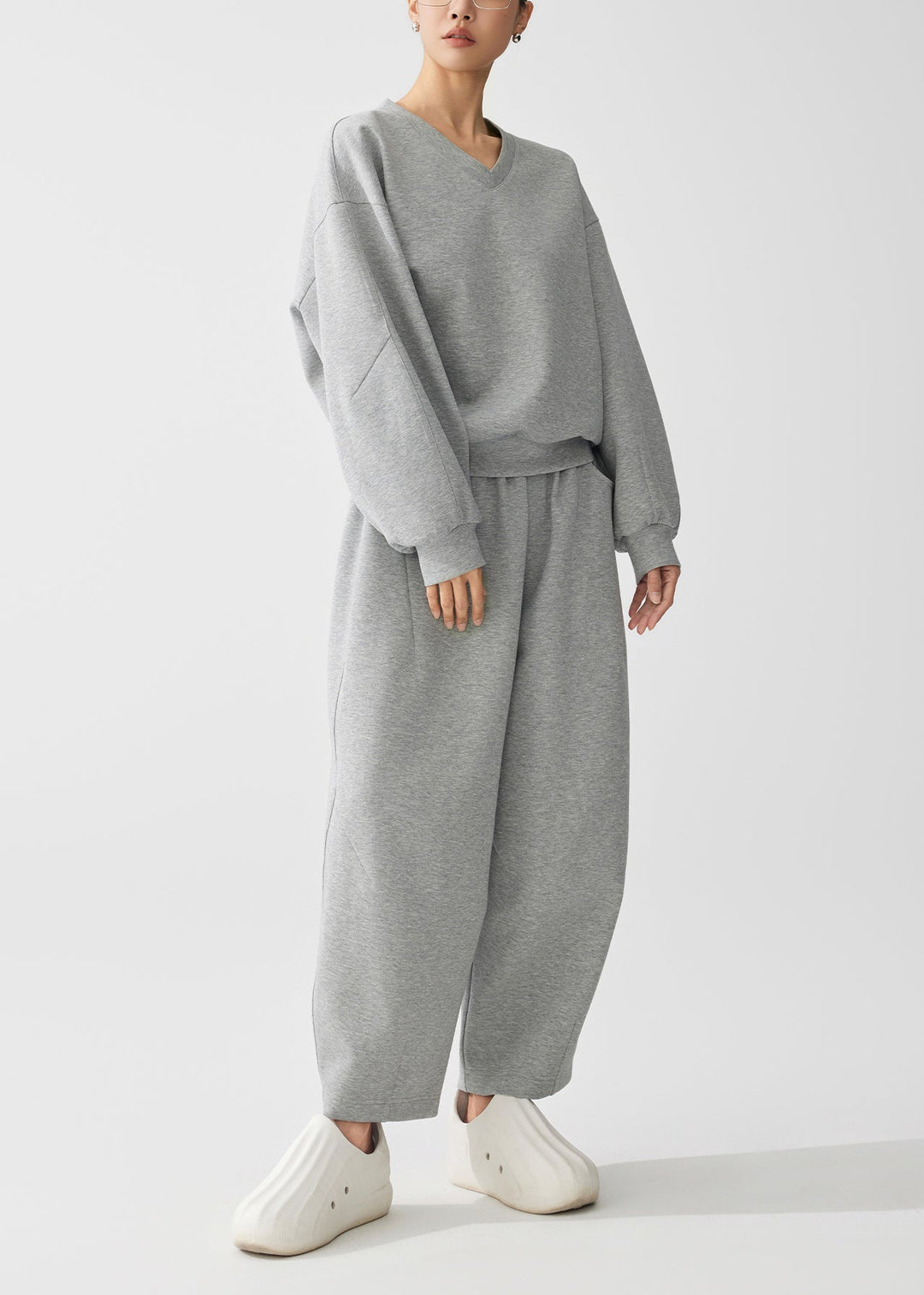Casual Grey Oversized Cotton Pullover Sweatshirt Two Piece Set Fall