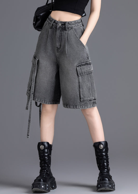 Casual Grey Oversized Pockets Denim Crop Pants Summer
