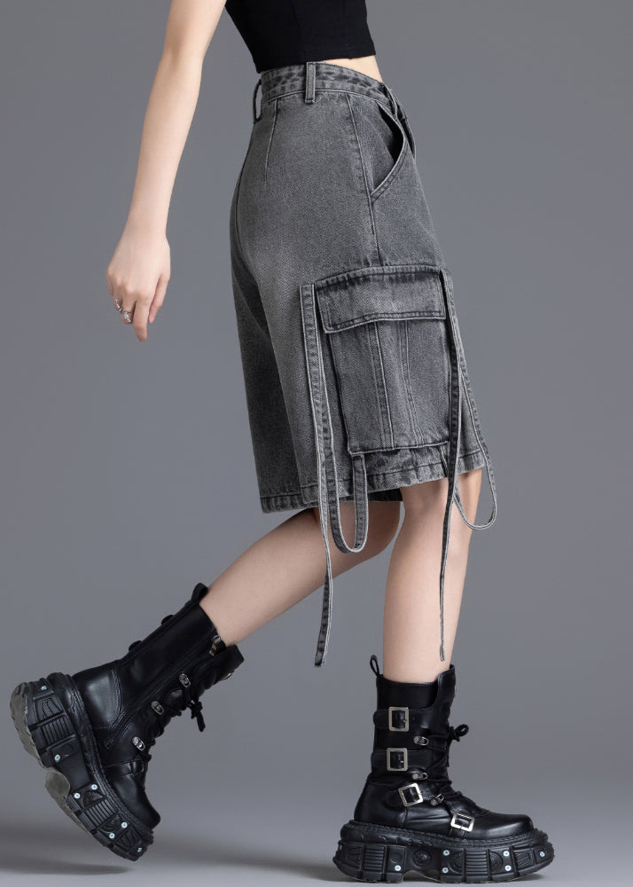 Casual Grey Oversized Pockets Denim Crop Pants Summer