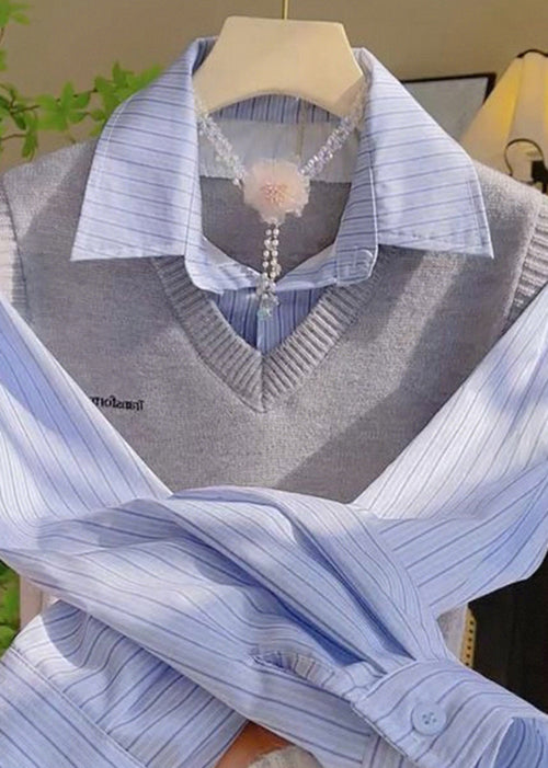 Casual Grey Peter Pan Collar False Two Pieces Patchwork Knit Tops Spring