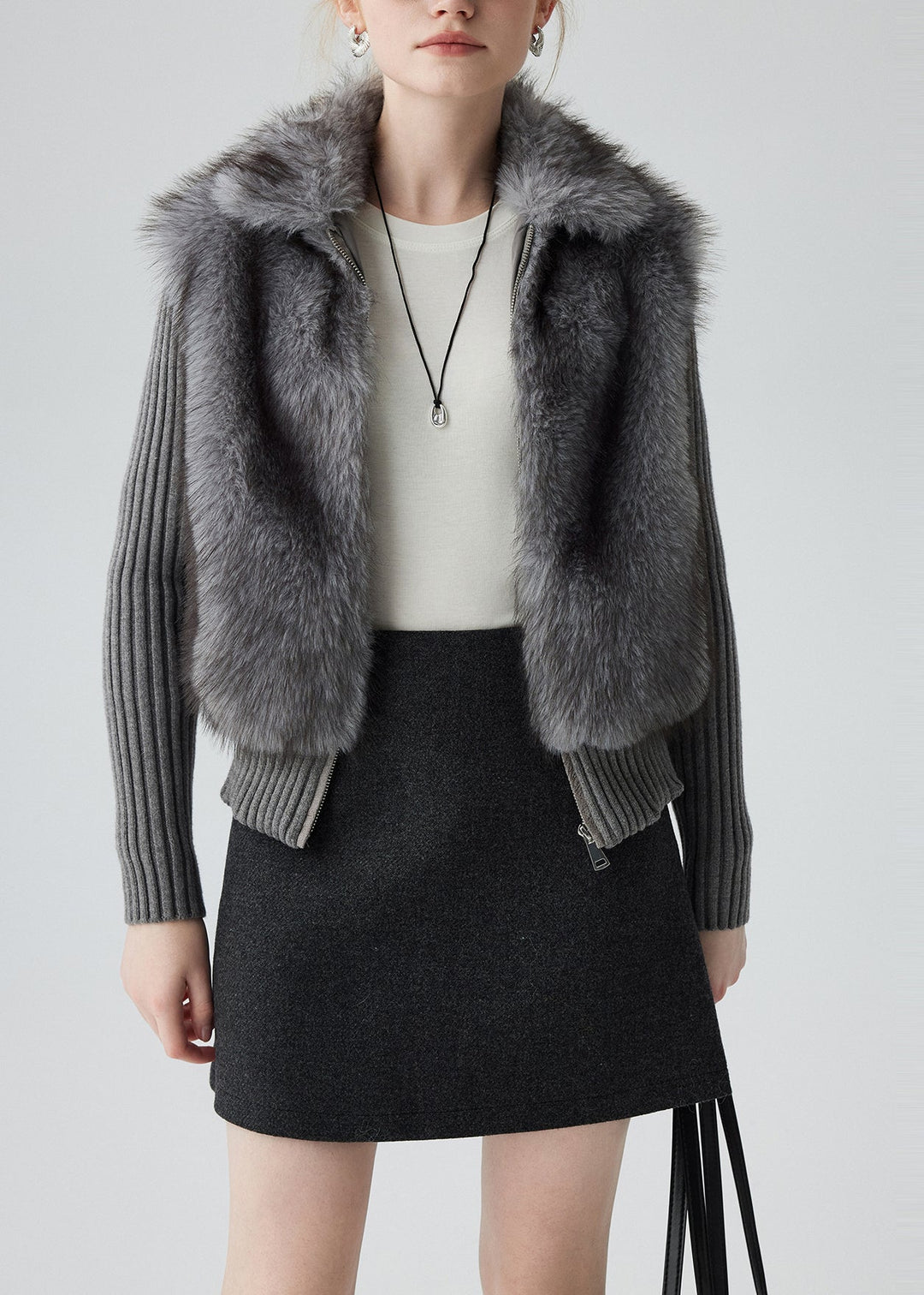 Casual Grey Peter Pan Collar Patchwork Faux Fur Knit Cardigan Winter