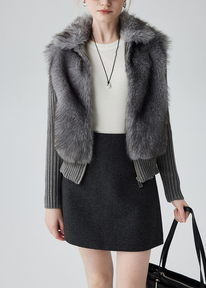 Casual Grey Peter Pan Collar Patchwork Faux Fur Knit Cardigan Winter