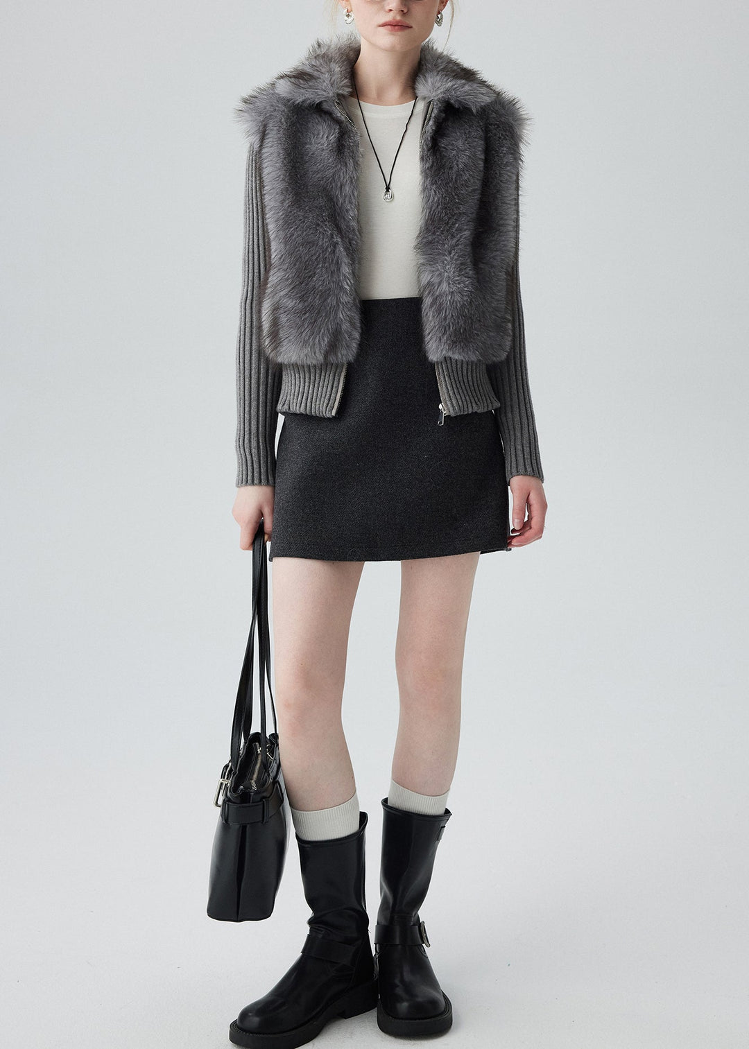 Casual Grey Peter Pan Collar Patchwork Faux Fur Knit Cardigan Winter