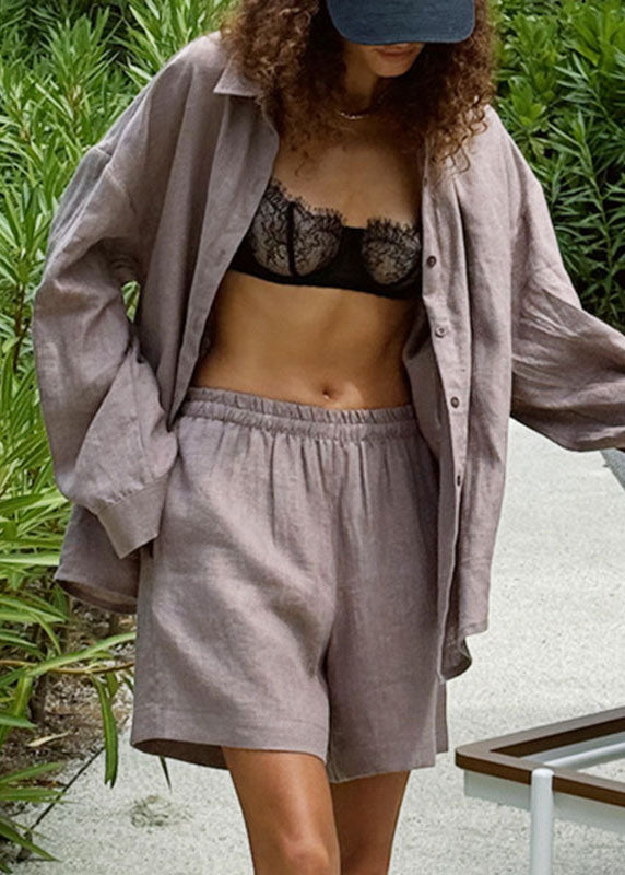 Casual Grey Peter Pan Collar Shirts And Shorts Two Pieces Set Fall