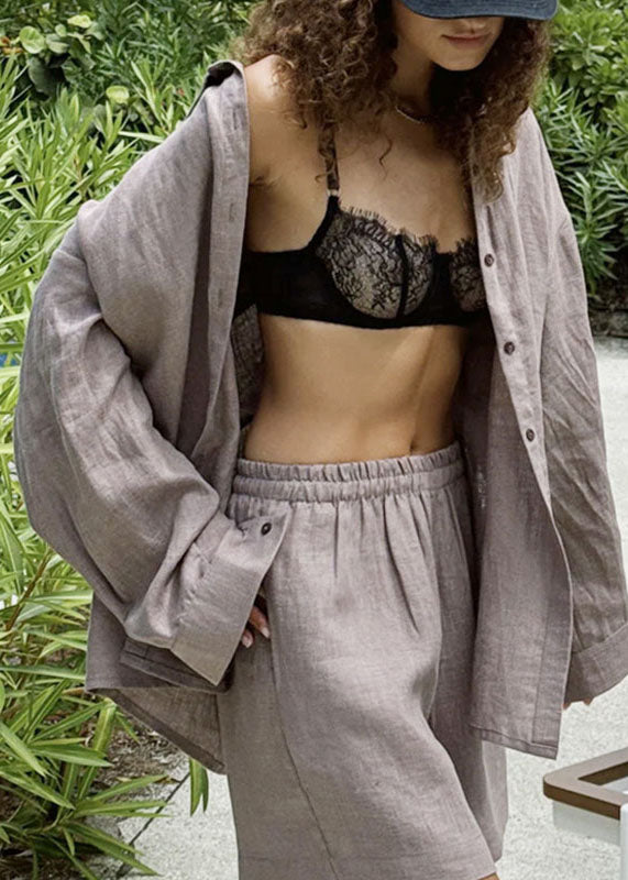 Casual Grey Peter Pan Collar Shirts And Shorts Two Pieces Set Fall