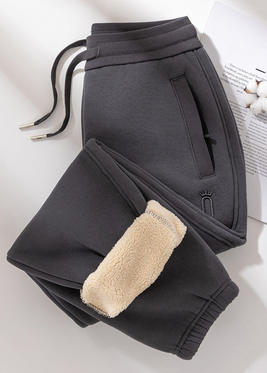 Casual Grey Pockets Elastic Waist Teddy Warm Fleece Pants Winter