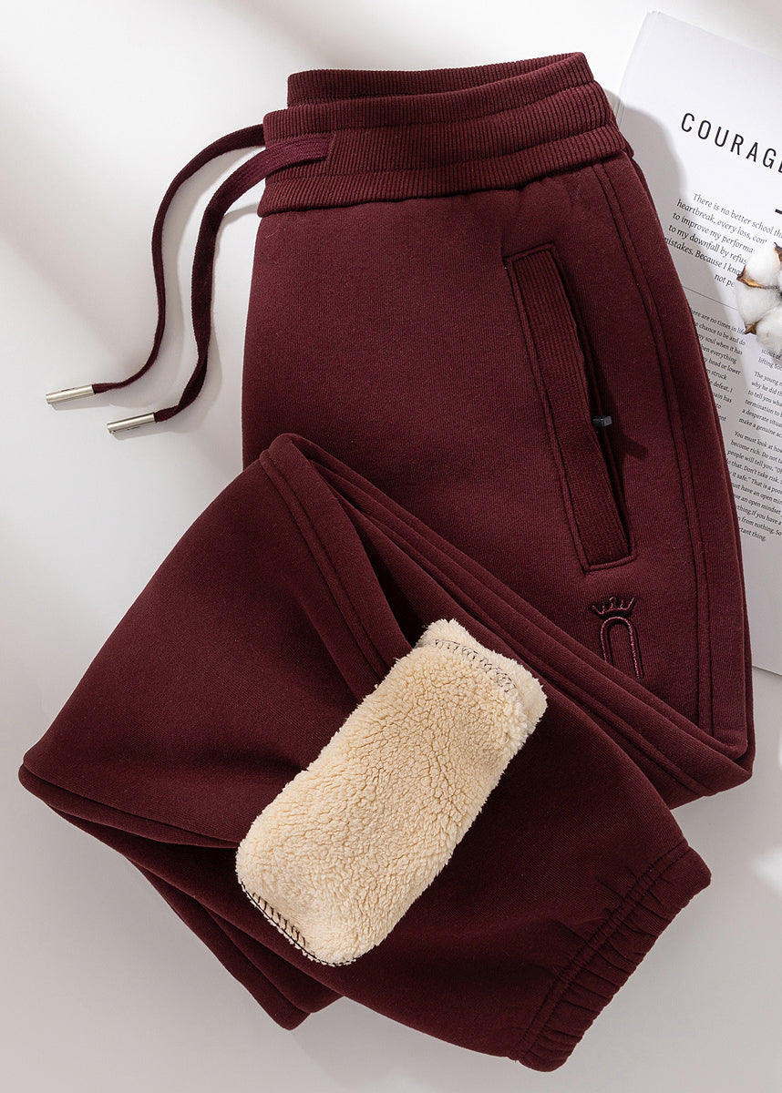 Casual Grey Pockets Elastic Waist Teddy Warm Fleece Pants Winter